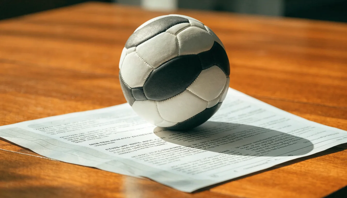 Uma bola de futebol pousada sobre um talão de apostas em branco numa mesa de madeira, à luz do dia