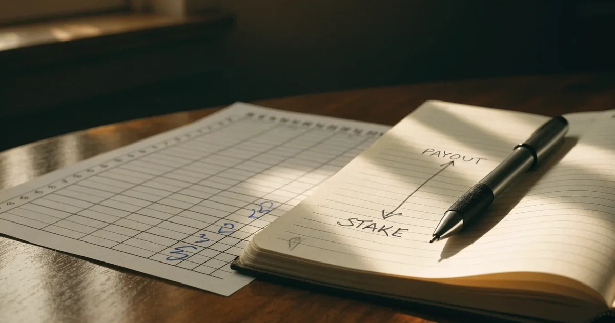 Um talão de apostas em branco ao lado de uma calculadora e de um bloco de notas com um esquema desenhado à mão