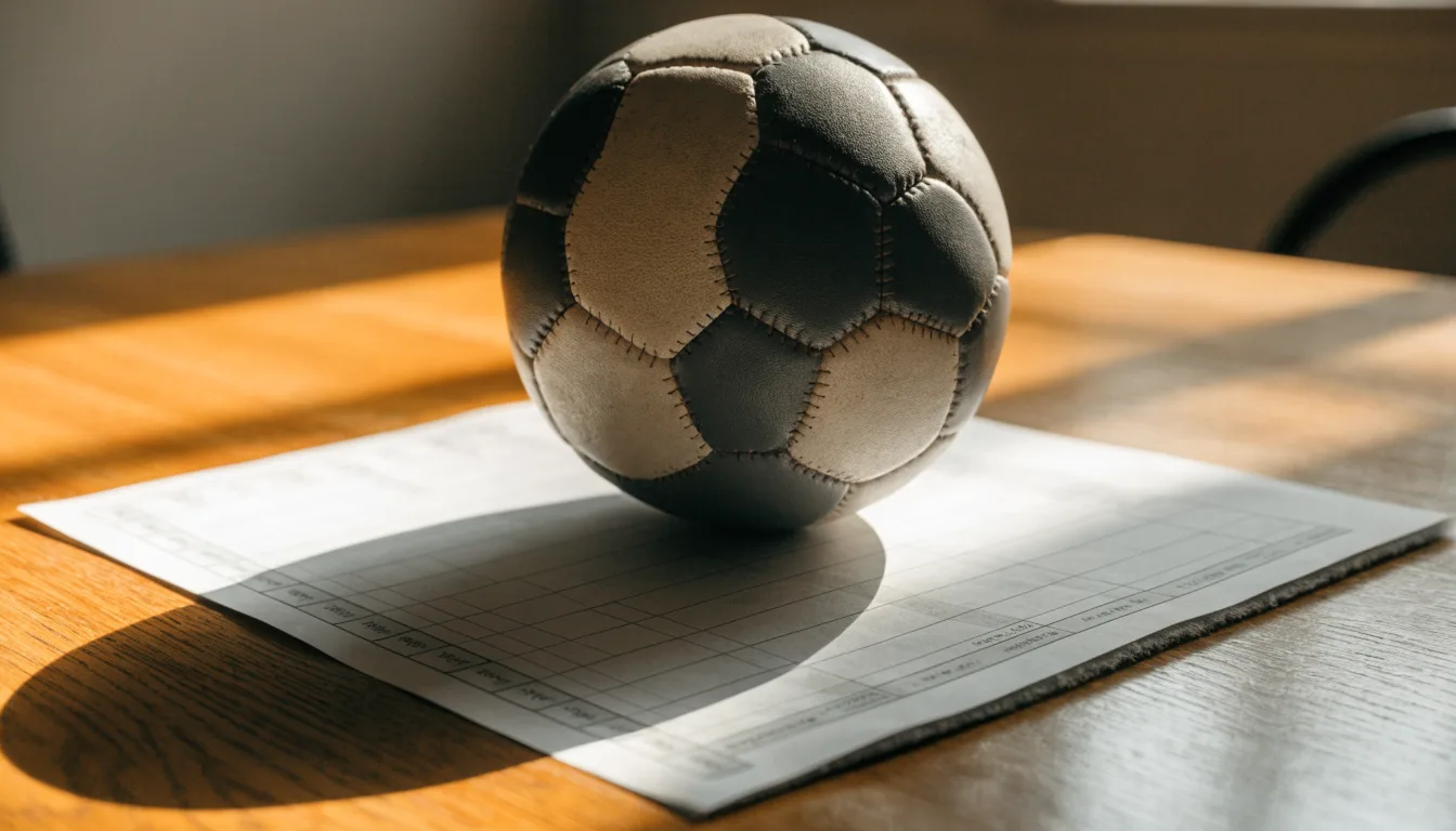 Uma bola de futebol pousada sobre um talão de apostas em branco numa mesa de madeira, à luz do dia