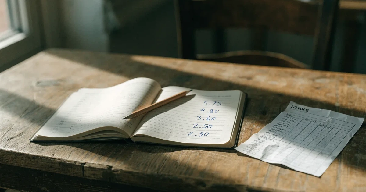 Um caderno aberto com cotas escritas à mão, uma calculadora e um lápis sobre uma mesa de madeira