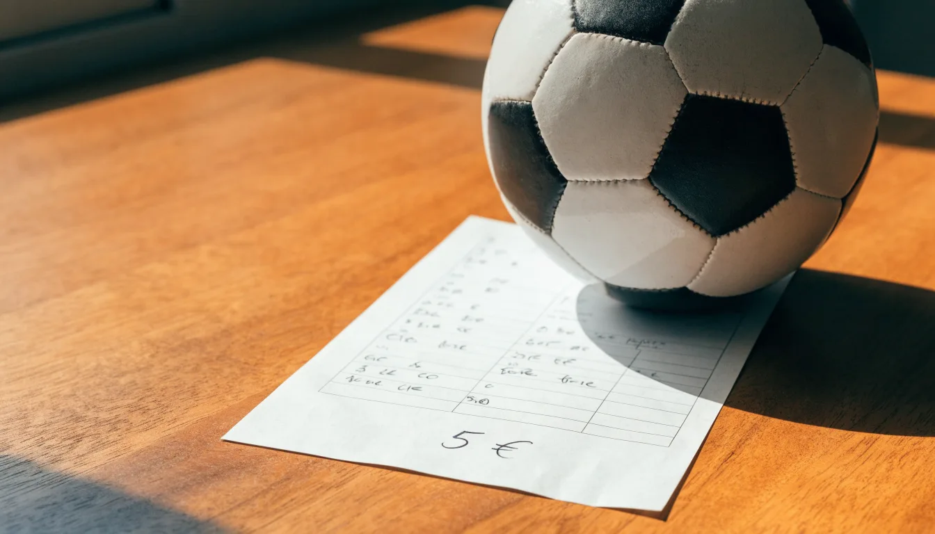 Uma bola de futebol pousada sobre um talão de apostas em branco numa mesa de madeira, à luz do dia