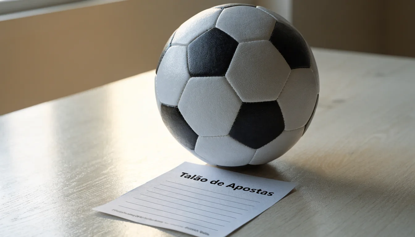 Uma bola de futebol pousada sobre um talão de apostas em branco numa mesa de madeira, à luz do dia