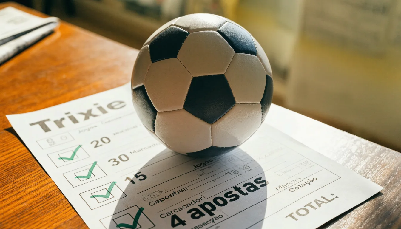 Uma bola de futebol pousada sobre um talão de apostas em branco numa mesa de madeira, à luz do dia