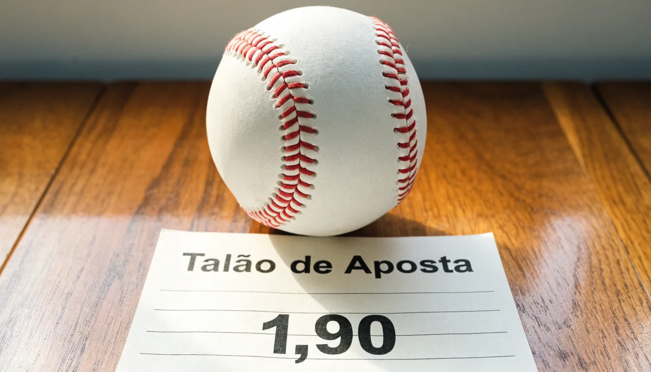 Uma bola de futebol pousada sobre um talão de apostas em branco numa mesa de madeira, à luz do dia