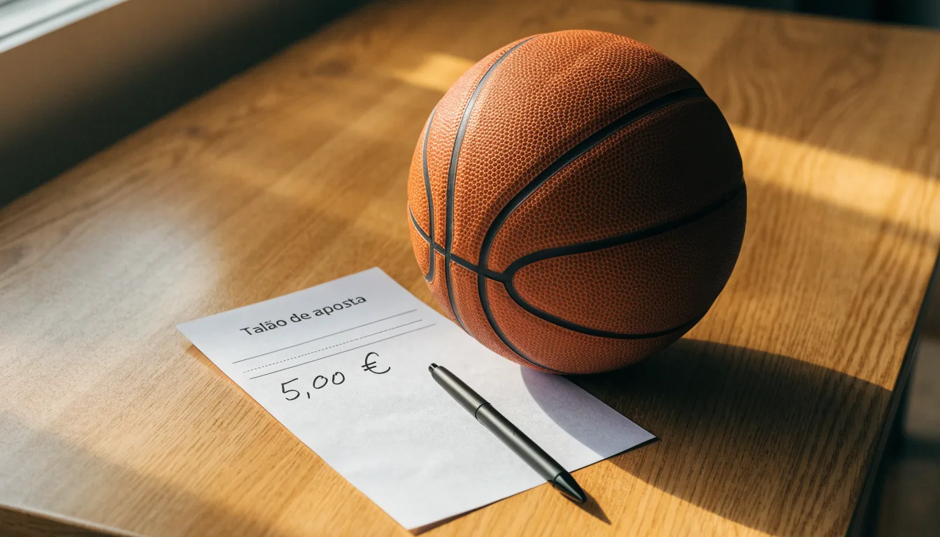 Uma bola de futebol pousada sobre um talão de apostas em branco numa mesa de madeira, à luz do dia