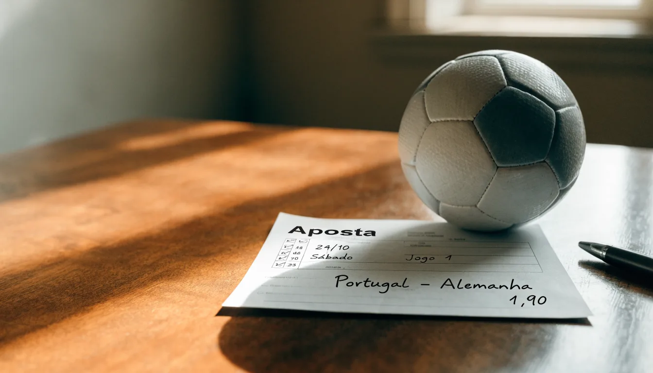Uma bola de futebol pousada sobre um talão de apostas em branco numa mesa de madeira, à luz do dia