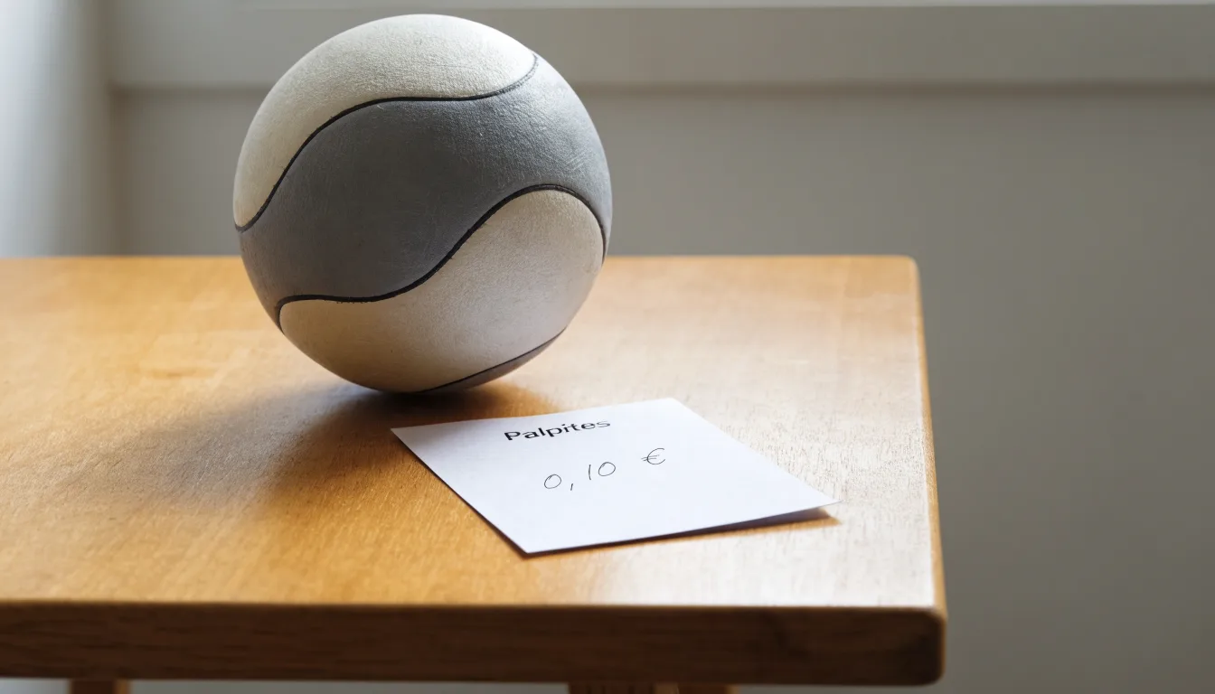 Uma bola de futebol pousada sobre um talão de apostas em branco numa mesa de madeira, à luz do dia
