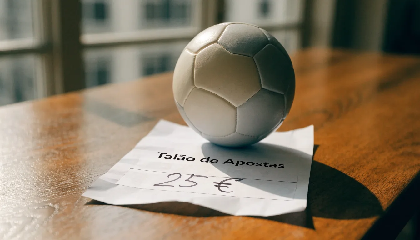 Uma bola de futebol pousada sobre um talão de apostas em branco numa mesa de madeira, à luz do dia