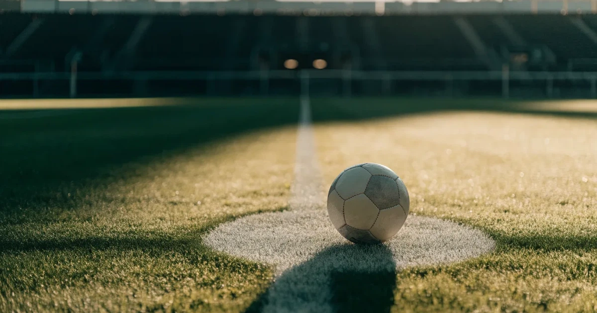 Uma bola de futebol no ponto central de um relvado, à luz da manhã