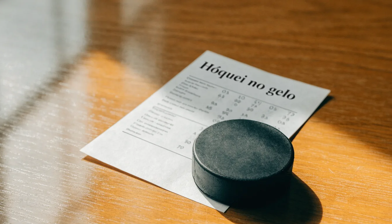 Uma bola de futebol pousada sobre um talão de apostas em branco numa mesa de madeira, à luz do dia