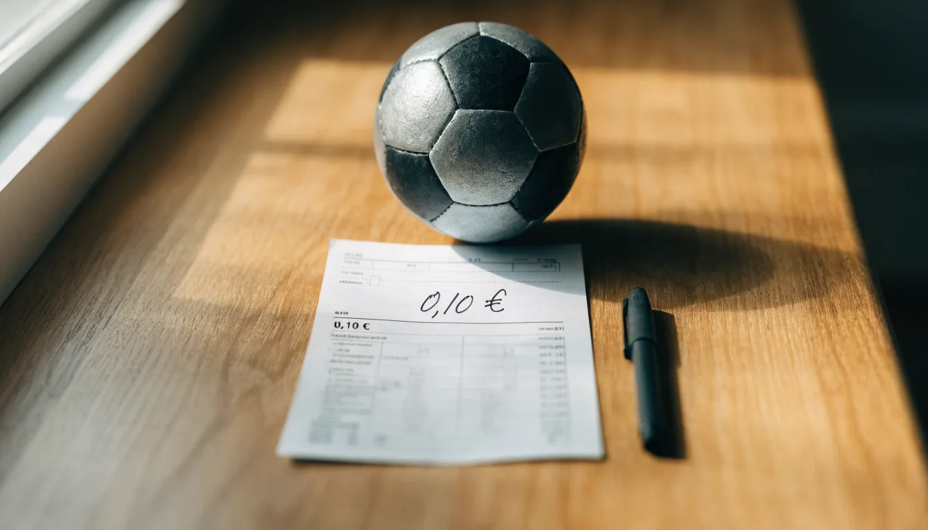 Uma bola de futebol pousada sobre um talão de apostas em branco numa mesa de madeira, à luz do dia