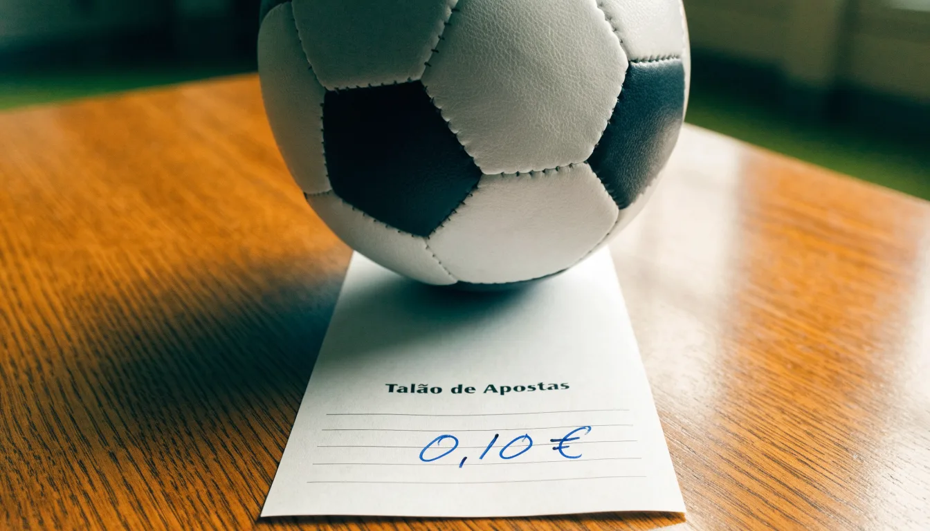 Uma bola de futebol pousada sobre um talão de apostas em branco numa mesa de madeira, à luz do dia