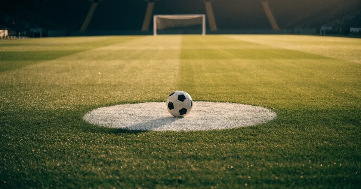Uma bola de futebol no ponto central de um relvado, à luz da manhã