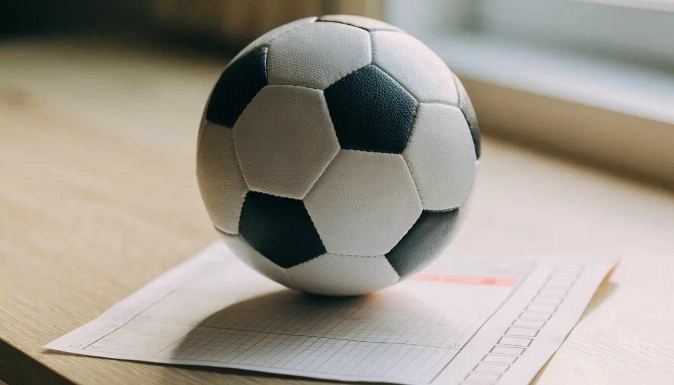 Uma bola de futebol pousada sobre um talão de apostas em branco numa mesa de madeira, à luz do dia