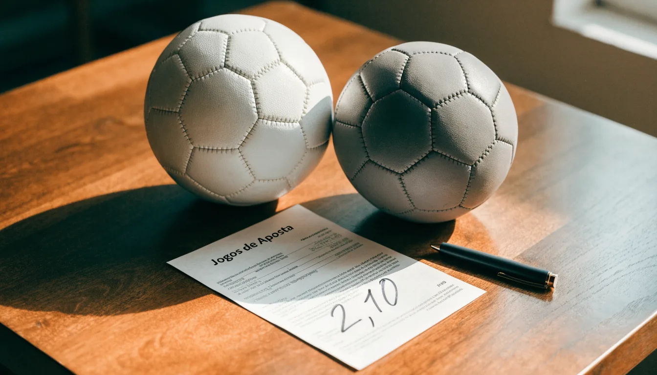 Uma bola de futebol pousada sobre um talão de apostas em branco numa mesa de madeira, à luz do dia