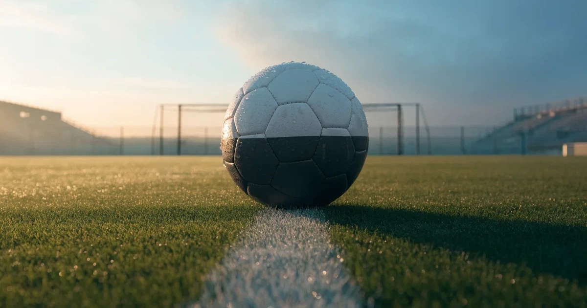 Uma bola de futebol no ponto central de um relvado, à luz da manhã