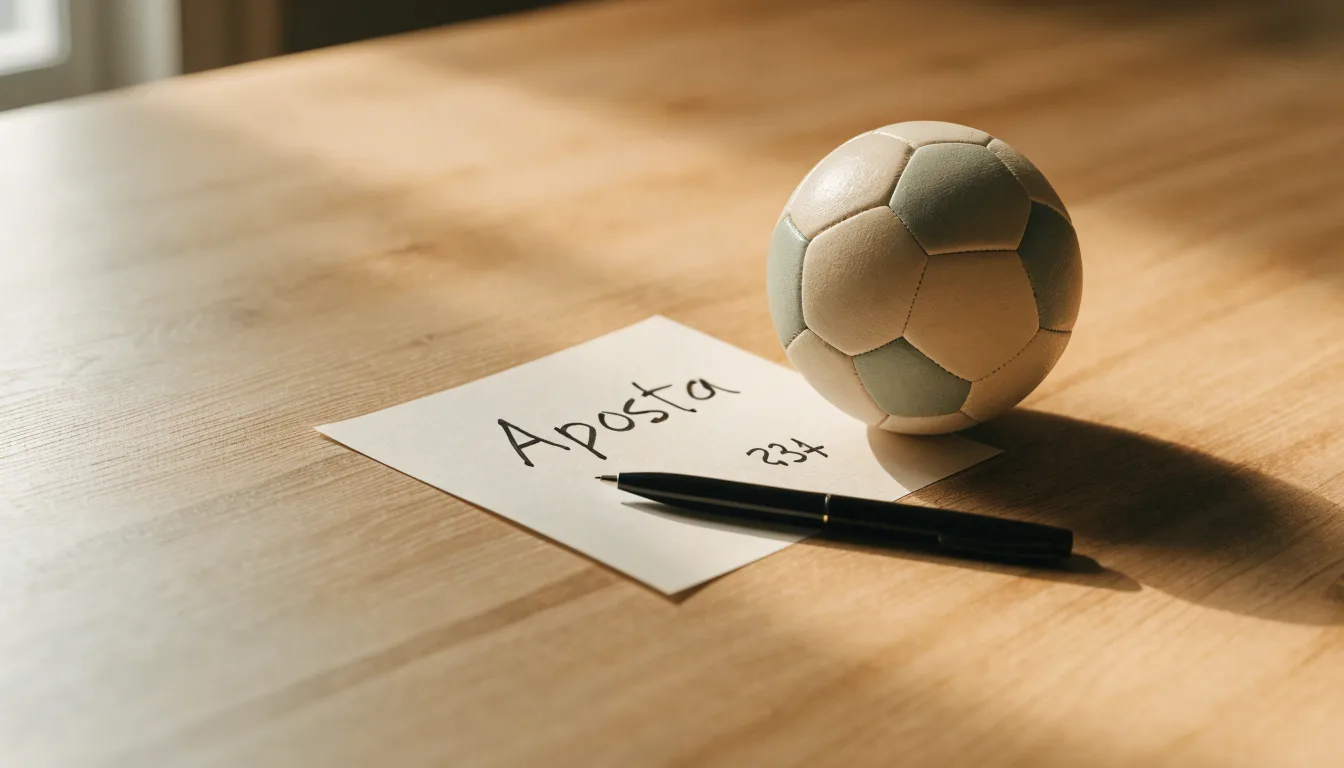 Uma bola de futebol pousada sobre um talão de apostas em branco numa mesa de madeira, à luz do dia