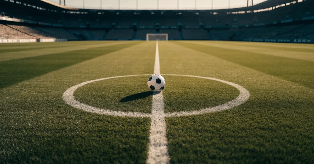 Uma bola de futebol no ponto central de um relvado, à luz da manhã