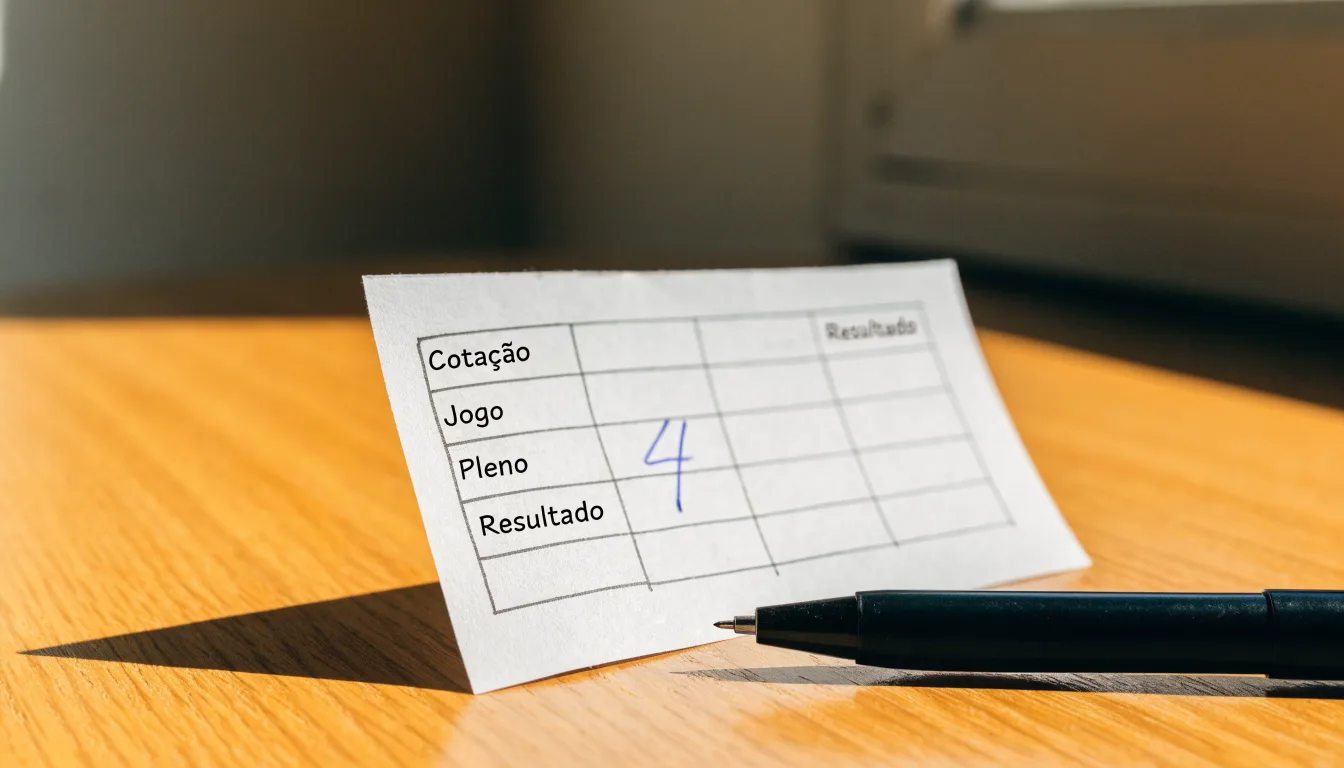 Uma bola de futebol pousada sobre um talão de apostas em branco numa mesa de madeira, à luz do dia