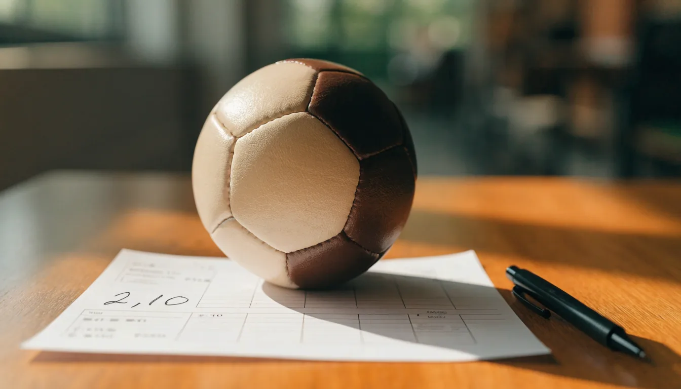 Uma bola de futebol pousada sobre um talão de apostas em branco numa mesa de madeira, à luz do dia