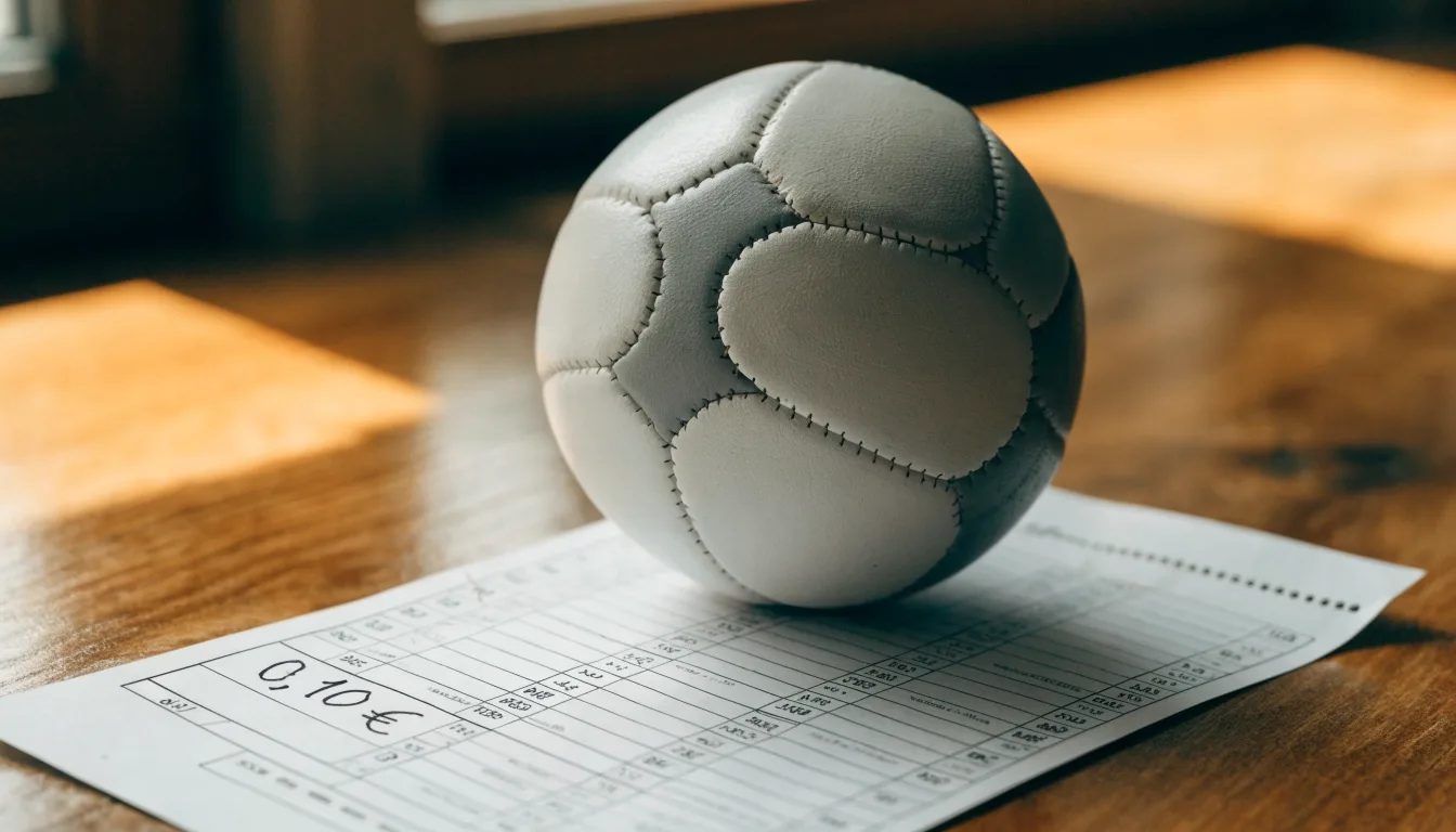 Uma bola de futebol pousada sobre um talão de apostas em branco numa mesa de madeira, à luz do dia