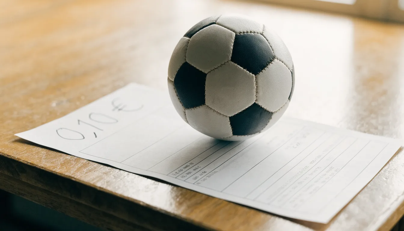 Uma bola de futebol pousada sobre um talão de apostas em branco numa mesa de madeira, à luz do dia