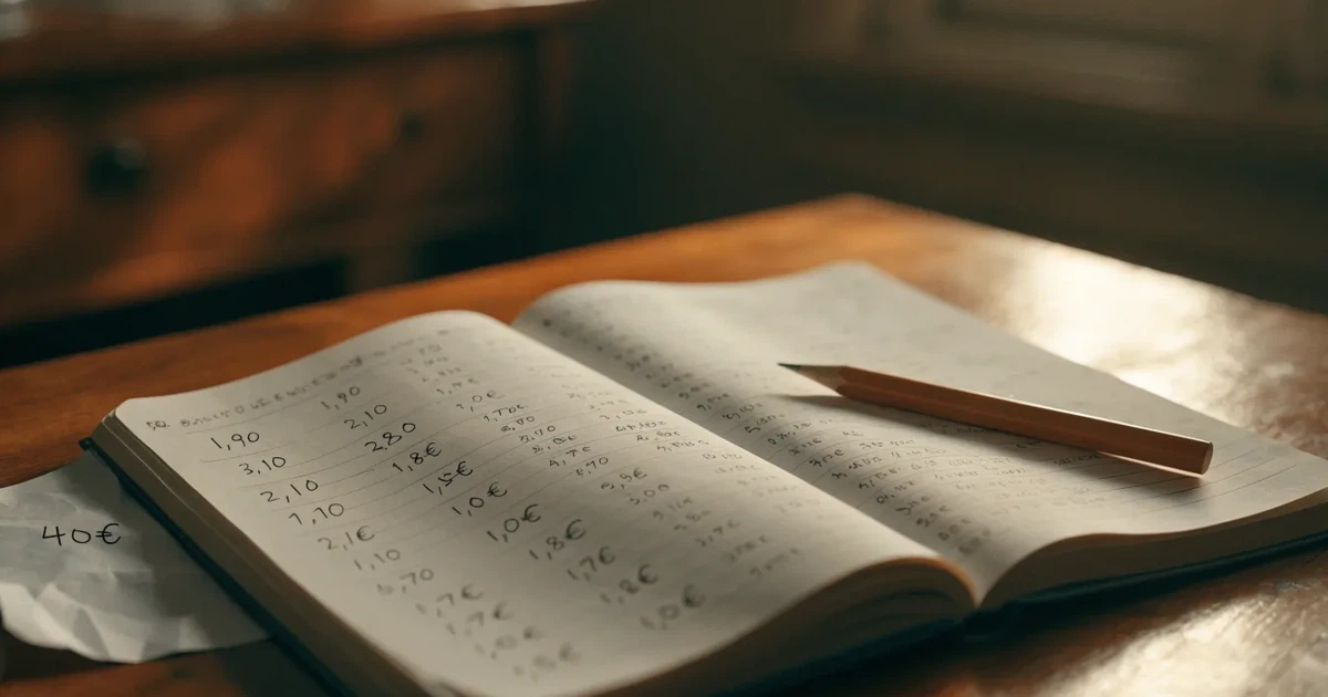 Um caderno aberto com cotas escritas à mão, uma calculadora e um lápis sobre uma mesa de madeira