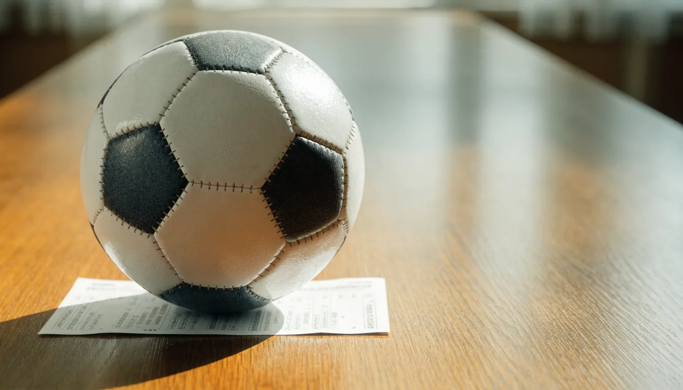 Uma bola de futebol pousada sobre um talão de apostas em branco numa mesa de madeira, à luz do dia