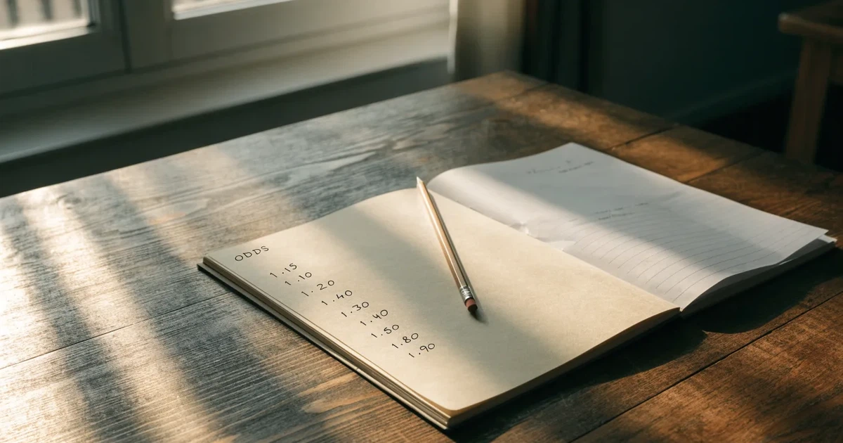 Um caderno aberto com cotas escritas à mão, uma calculadora e um lápis sobre uma mesa de madeira