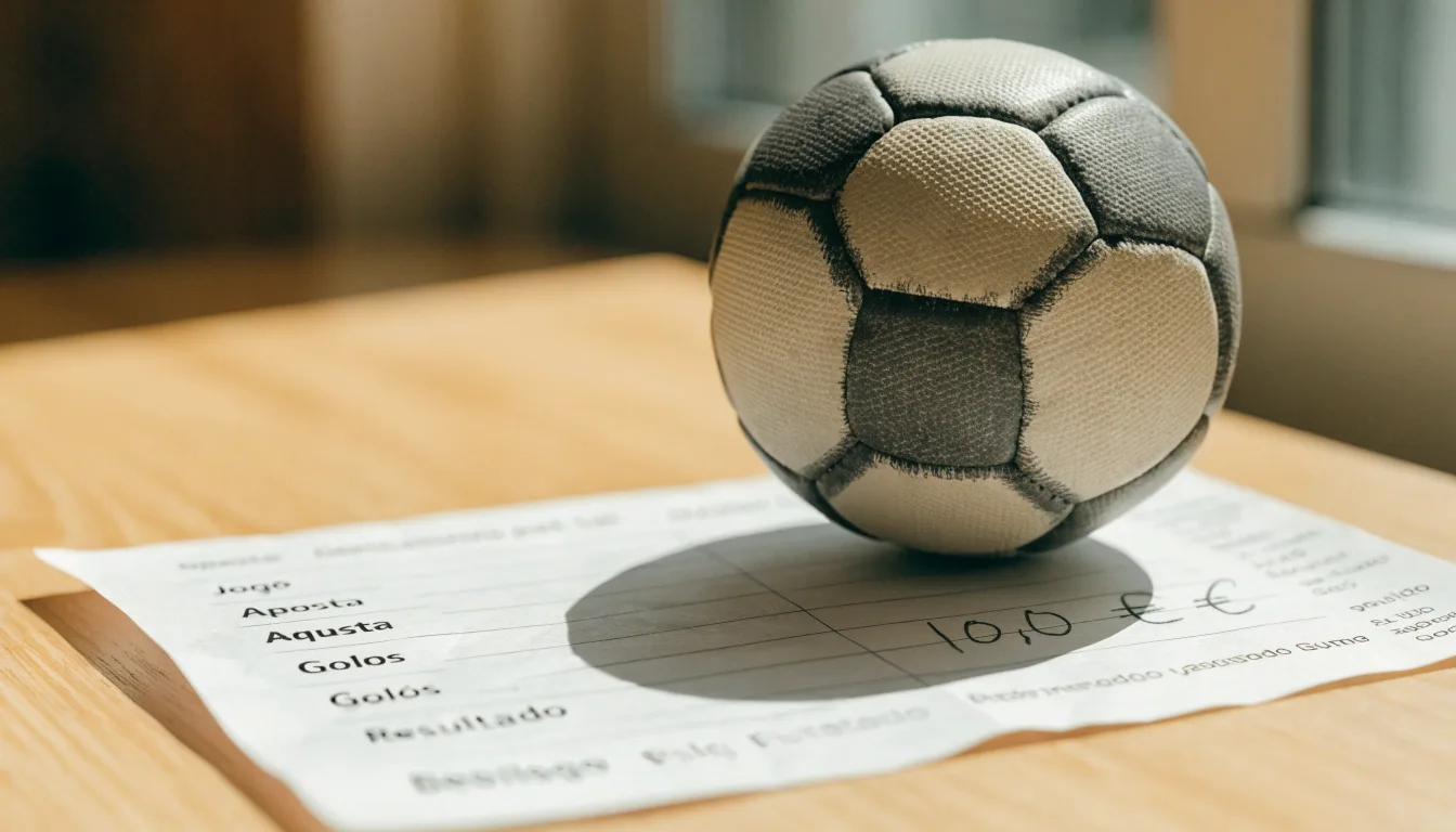 Uma bola de futebol pousada sobre um talão de apostas em branco numa mesa de madeira, à luz do dia