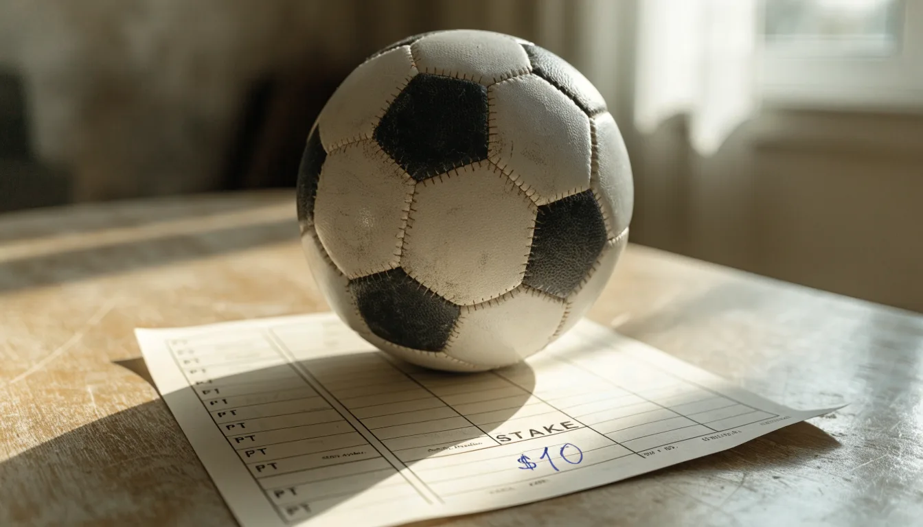 Uma bola de futebol pousada sobre um talão de apostas em branco numa mesa de madeira, à luz do dia