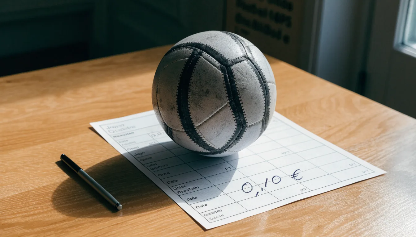 Uma bola de futebol pousada sobre um talão de apostas em branco numa mesa de madeira, à luz do dia