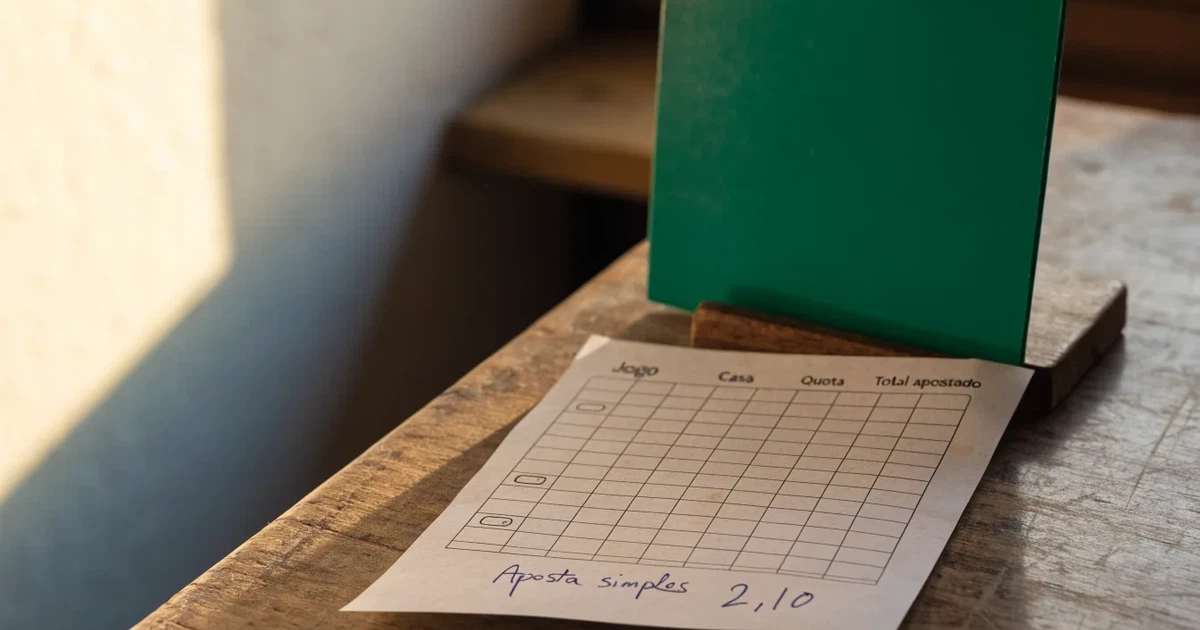 Um cartão de oferta com uma fita dourada ao lado de um talão de apostas numa bancada de madeira