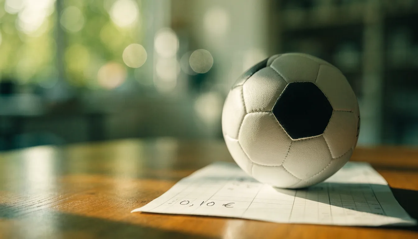 Uma bola de futebol pousada sobre um talão de apostas em branco numa mesa de madeira, à luz do dia