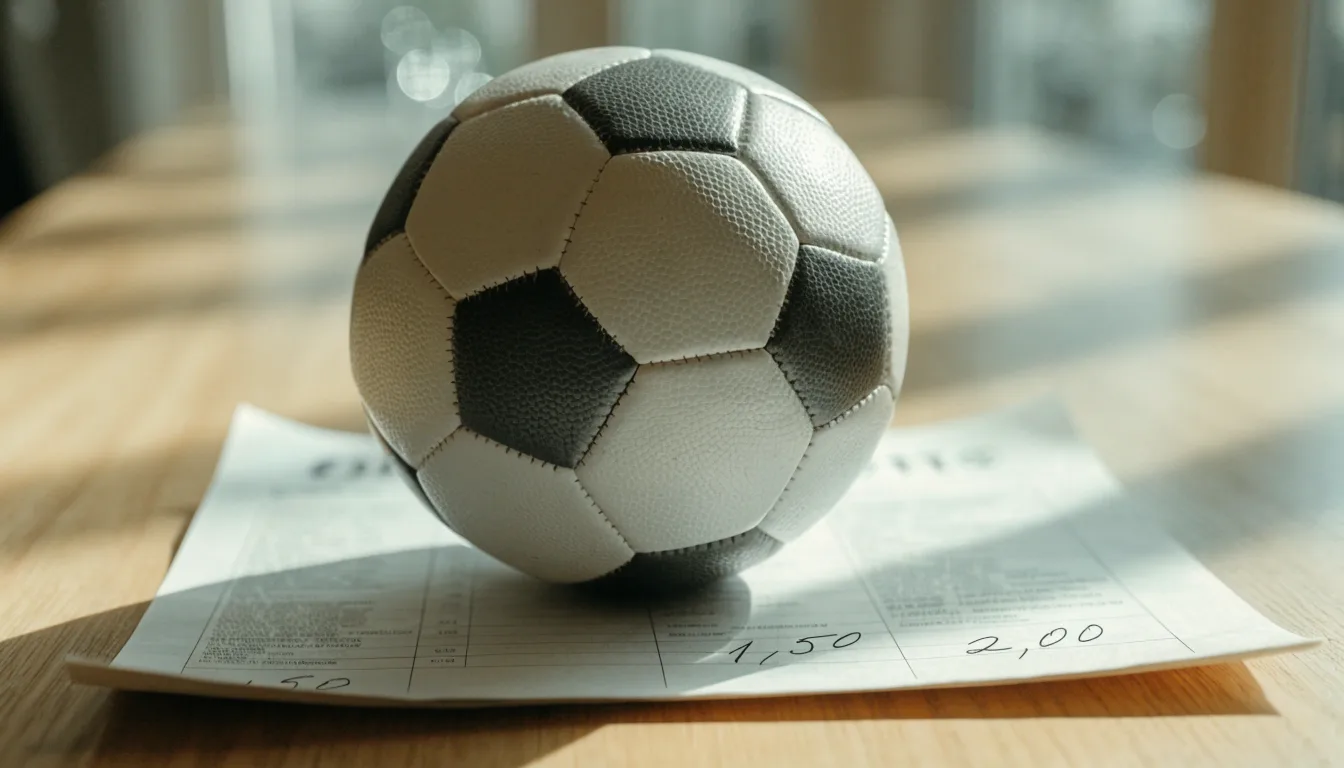 Uma bola de futebol pousada sobre um talão de apostas em branco numa mesa de madeira, à luz do dia
