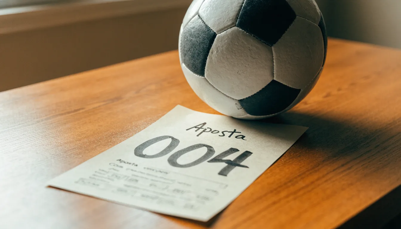 Uma bola de futebol pousada sobre um talão de apostas em branco numa mesa de madeira, à luz do dia
