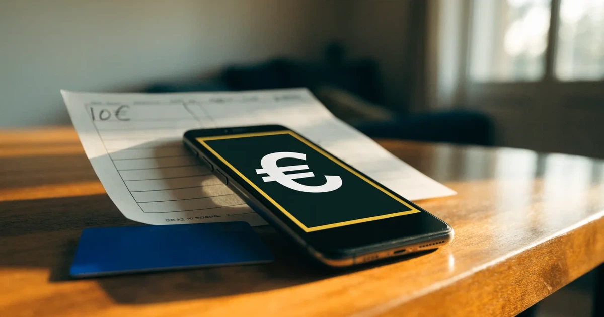 Um telemóvel e um cartão bancário lado a lado numa mesa de madeira, com algumas notas de euro ao lado