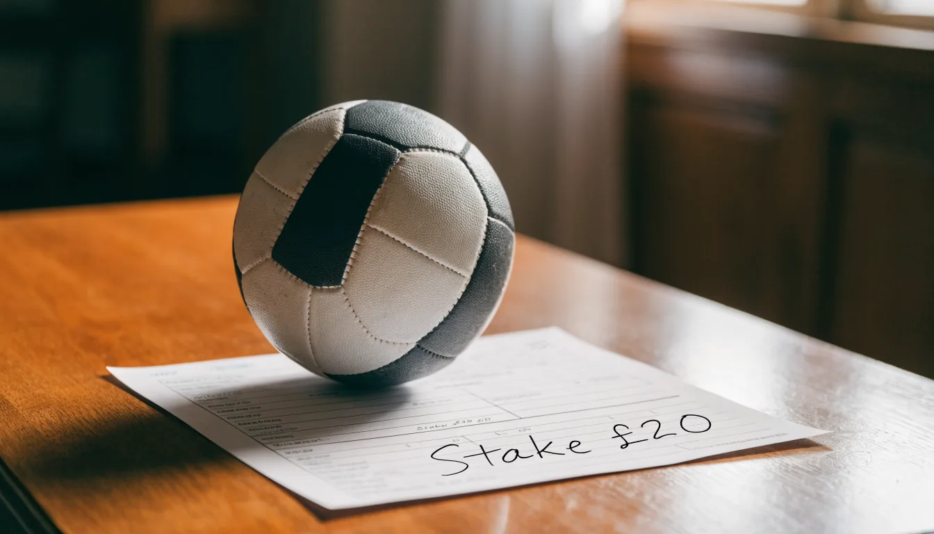 Uma bola de futebol pousada sobre um talão de apostas em branco numa mesa de madeira, à luz do dia