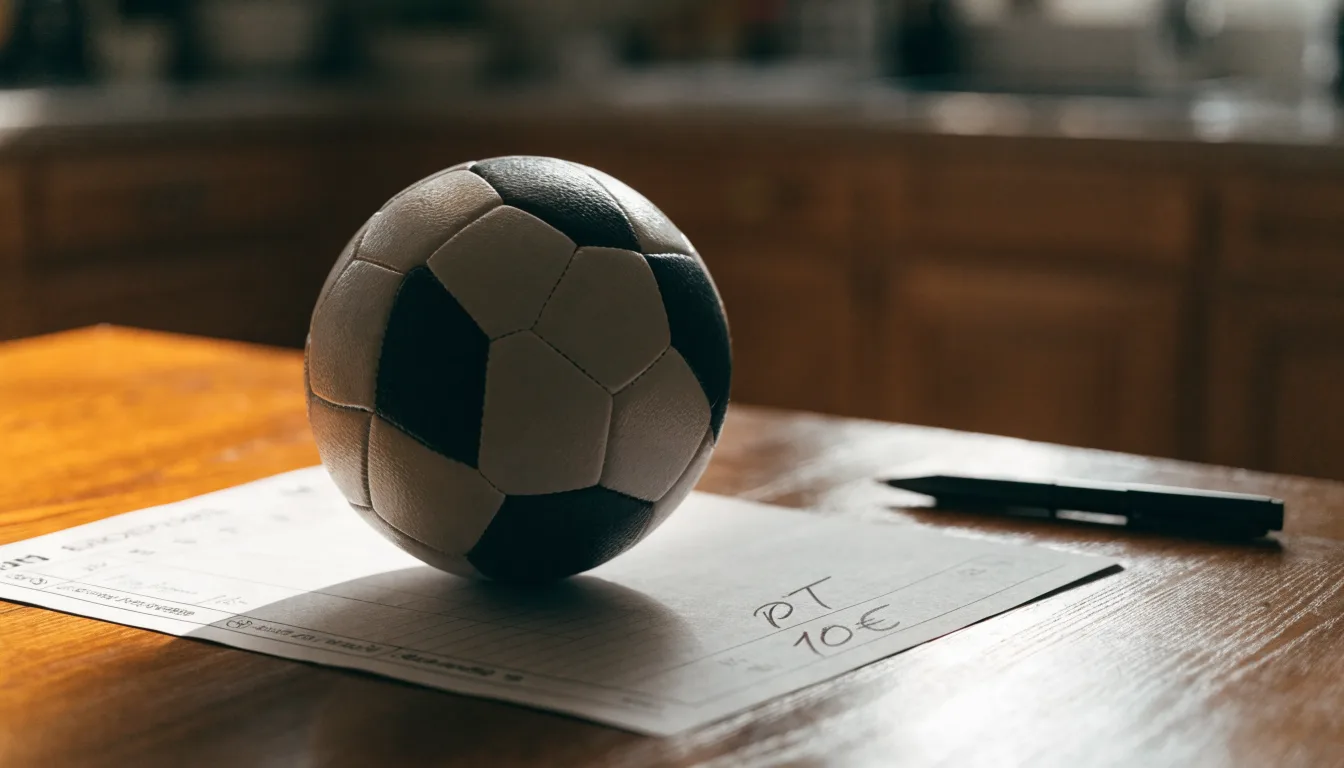 Uma bola de futebol pousada sobre um talão de apostas em branco numa mesa de madeira, à luz do dia