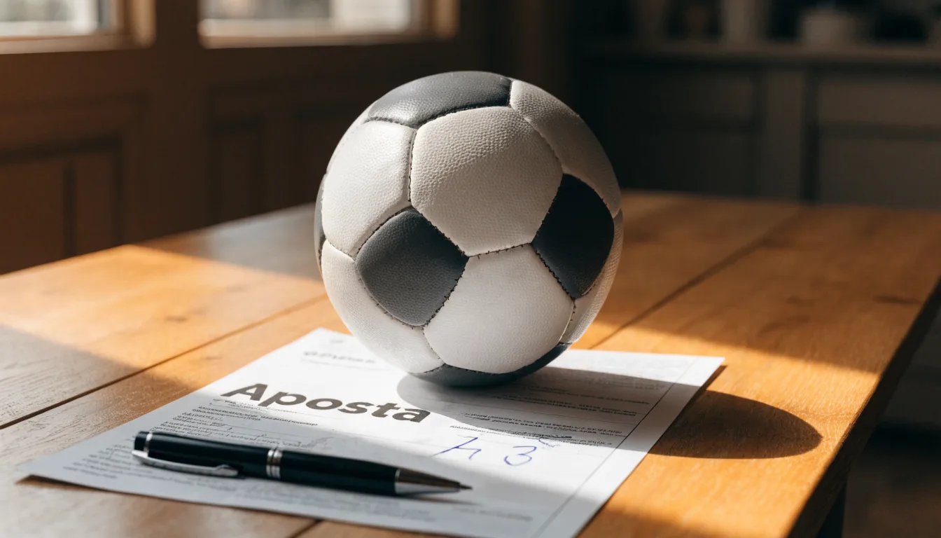 Uma bola de futebol pousada sobre um talão de apostas em branco numa mesa de madeira, à luz do dia