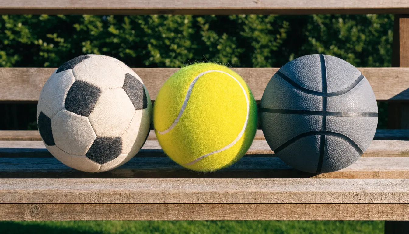 Três bolas de desportos diferentes alinhadas lado a lado num banco de madeira