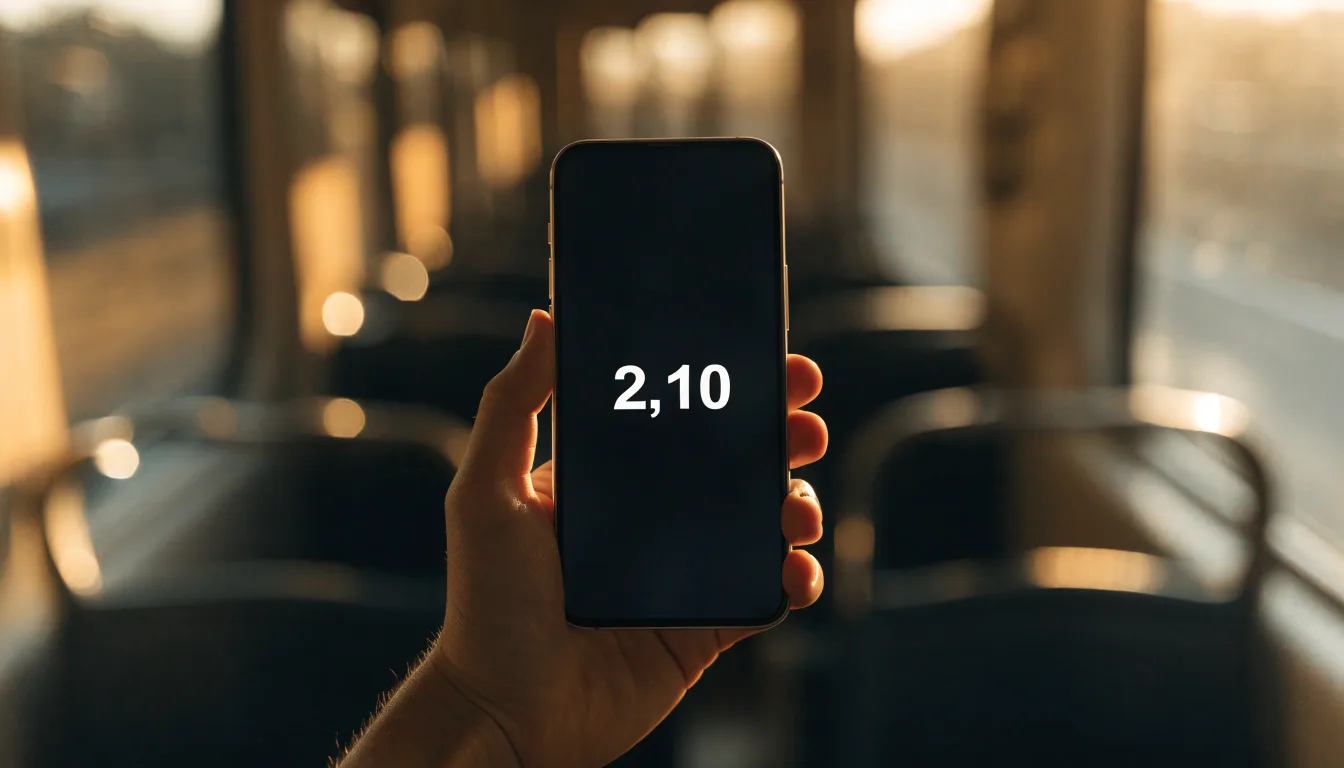 Uma mão a segurar um telemóvel com uma aposta no ecrã, num comboio ao fim da tarde