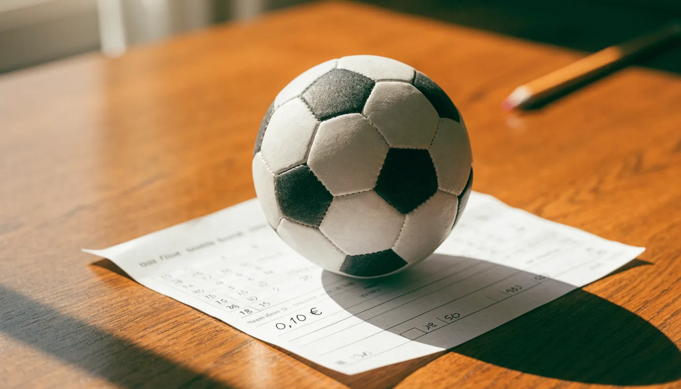 Uma bola de futebol pousada sobre um talão de apostas em branco numa mesa de madeira, à luz do dia