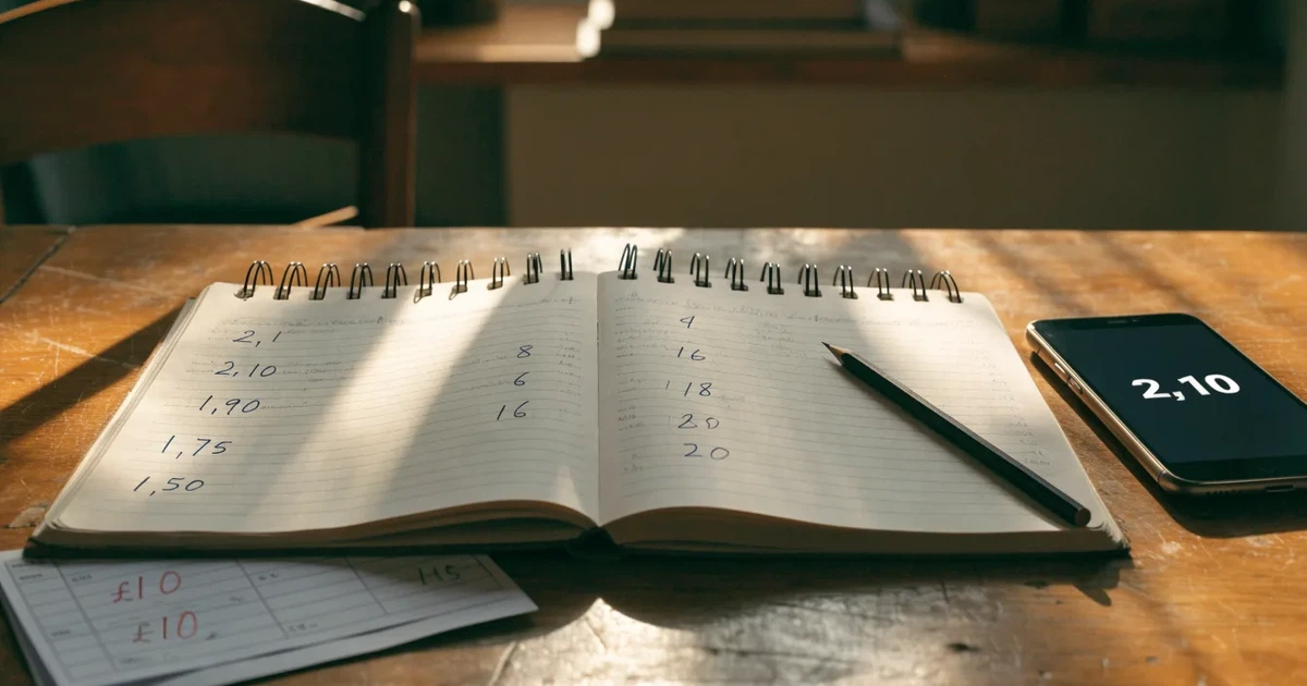 Um caderno aberto com cotas escritas à mão, uma calculadora e um lápis sobre uma mesa de madeira