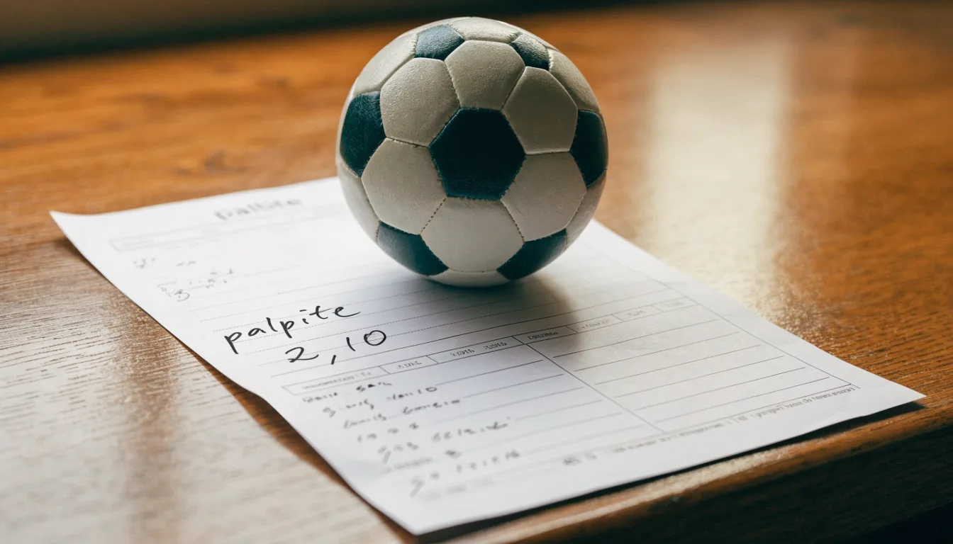 Uma bola de futebol pousada sobre um talão de apostas em branco numa mesa de madeira, à luz do dia